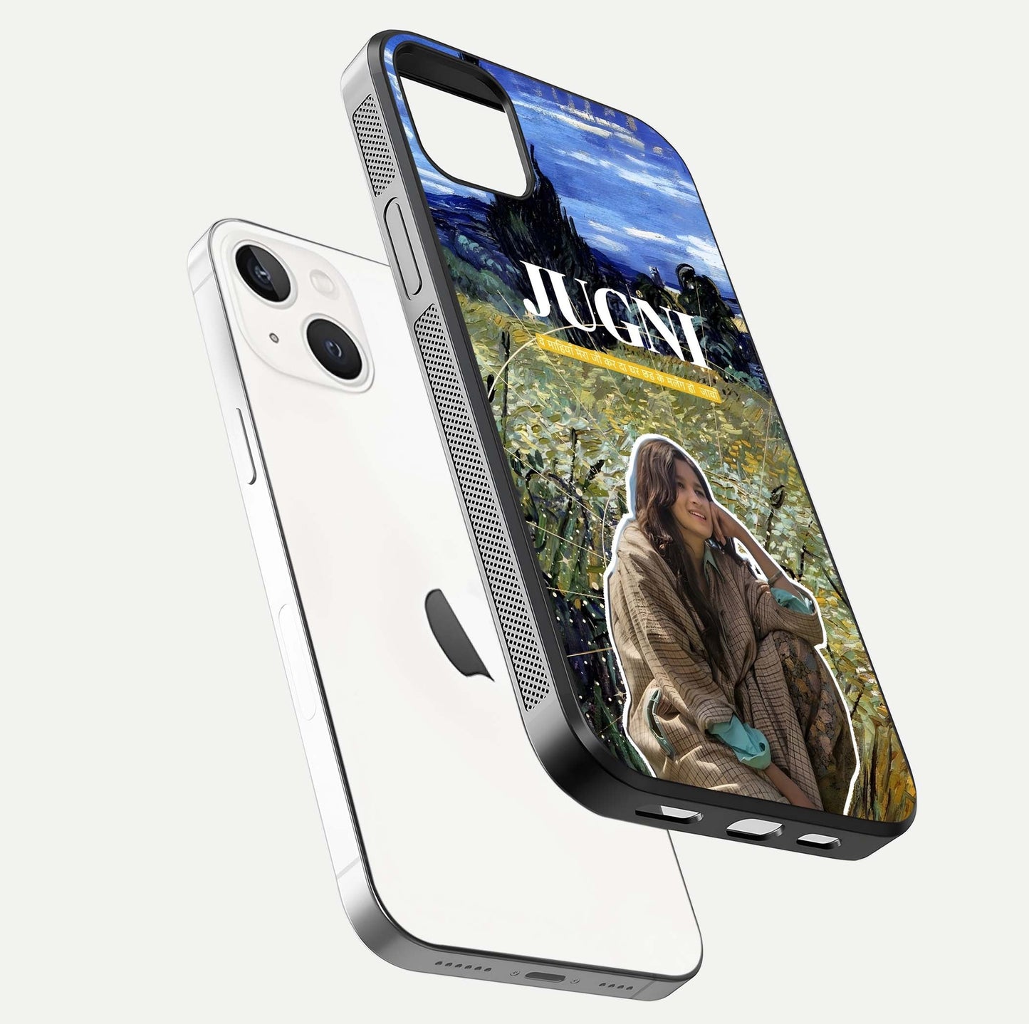 Jugni Soul Vibes Glass Case for iPhone 14 Plus floating dual-view mockup showing gloss surface and vivid design style