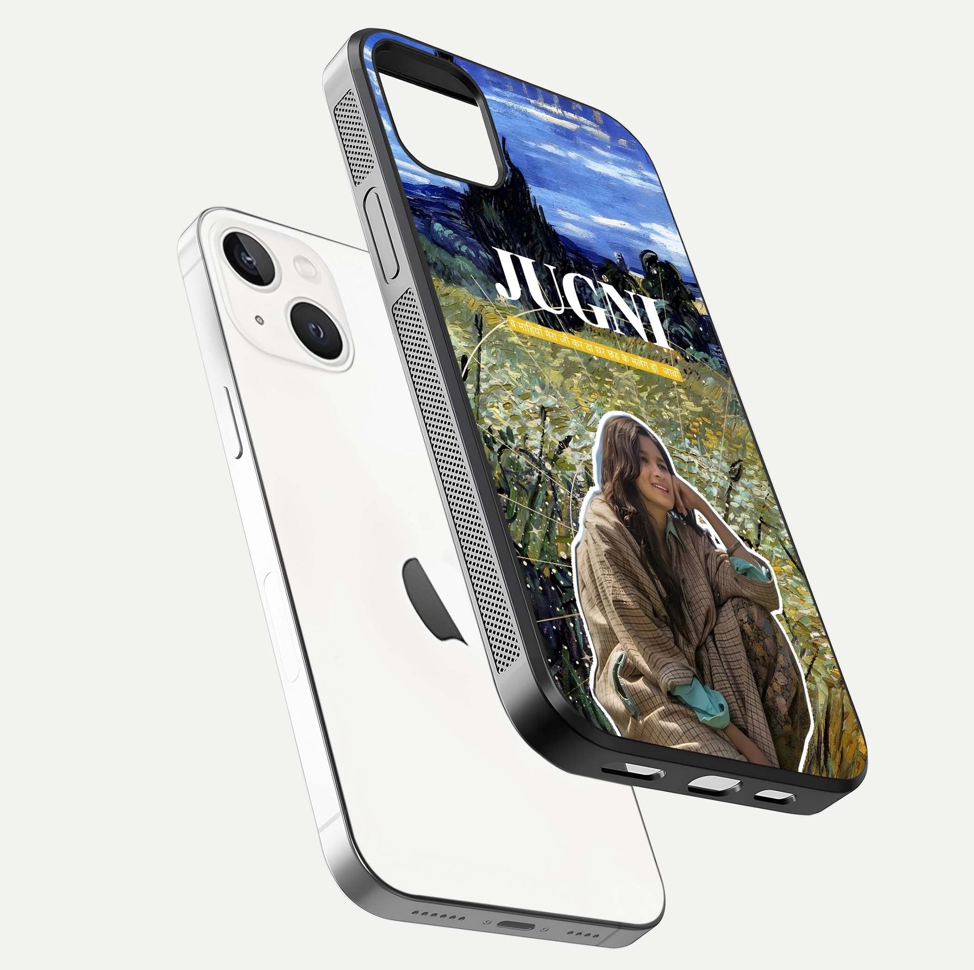 Jugni Soul Vibes Glass Case for iPhone 14 Plus floating dual-view mockup showing gloss surface and vivid design style