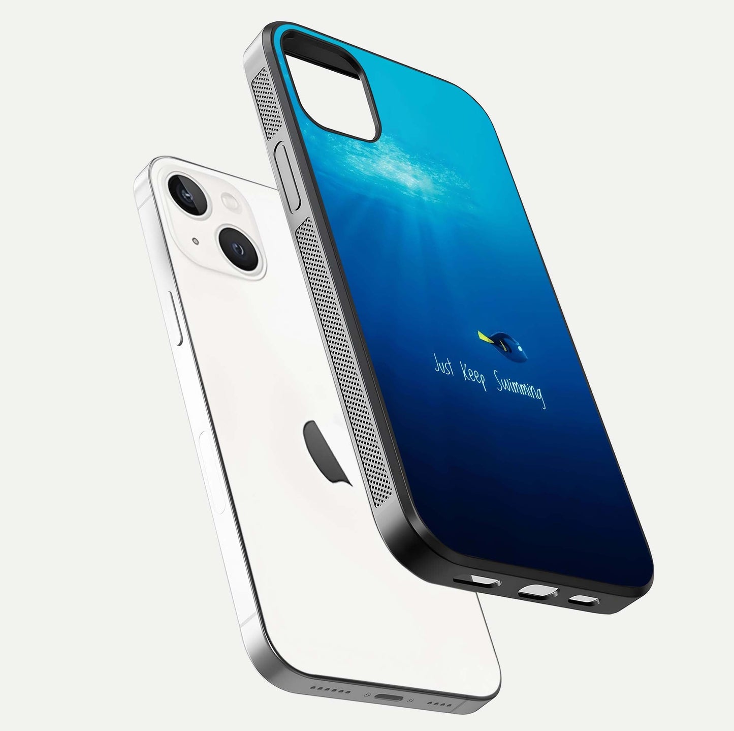Just Keep Swimming Glass Case for iPhone 14 Plus floating dual-view mockup showing gloss brightness and wave motif