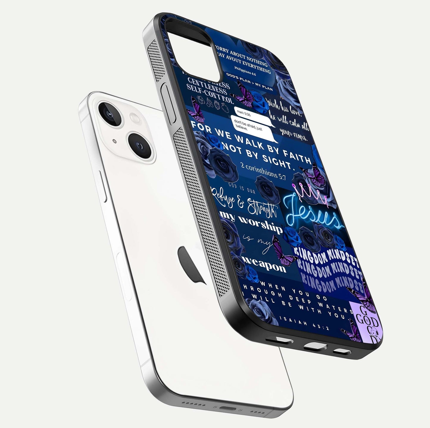 Kingdom Faith Glow Glass Case for iPhone 14 Plus floating dual-view mockup showing premium gloss and golden aura