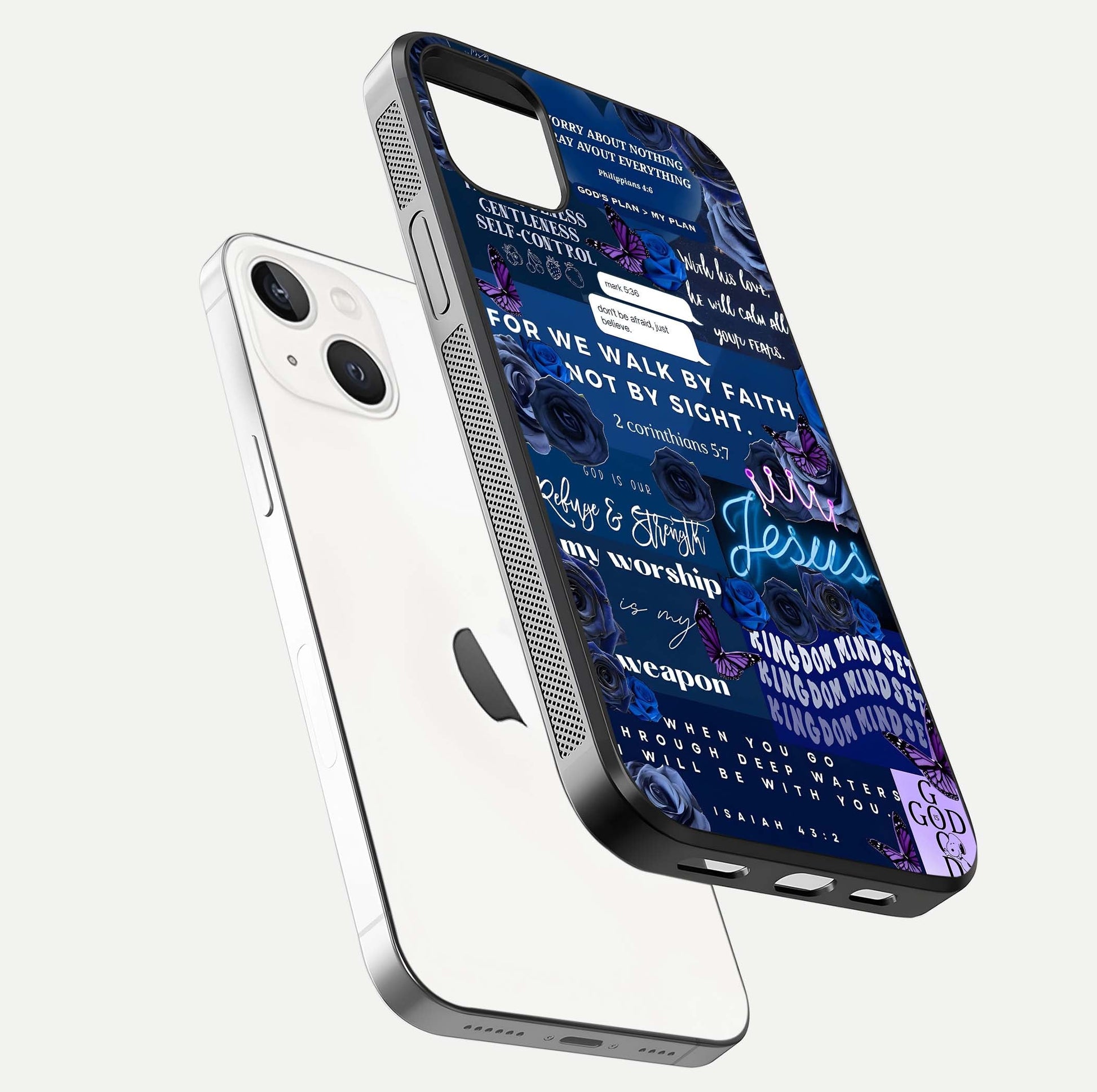 Kingdom Faith Glow Glass Case for iPhone 14 Plus floating dual-view mockup showing premium gloss and golden aura