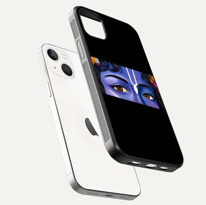 Krishna Eye Glass Case for iPhone 14 Plus floating dual-view mockup showing gloss surface and divine art depth