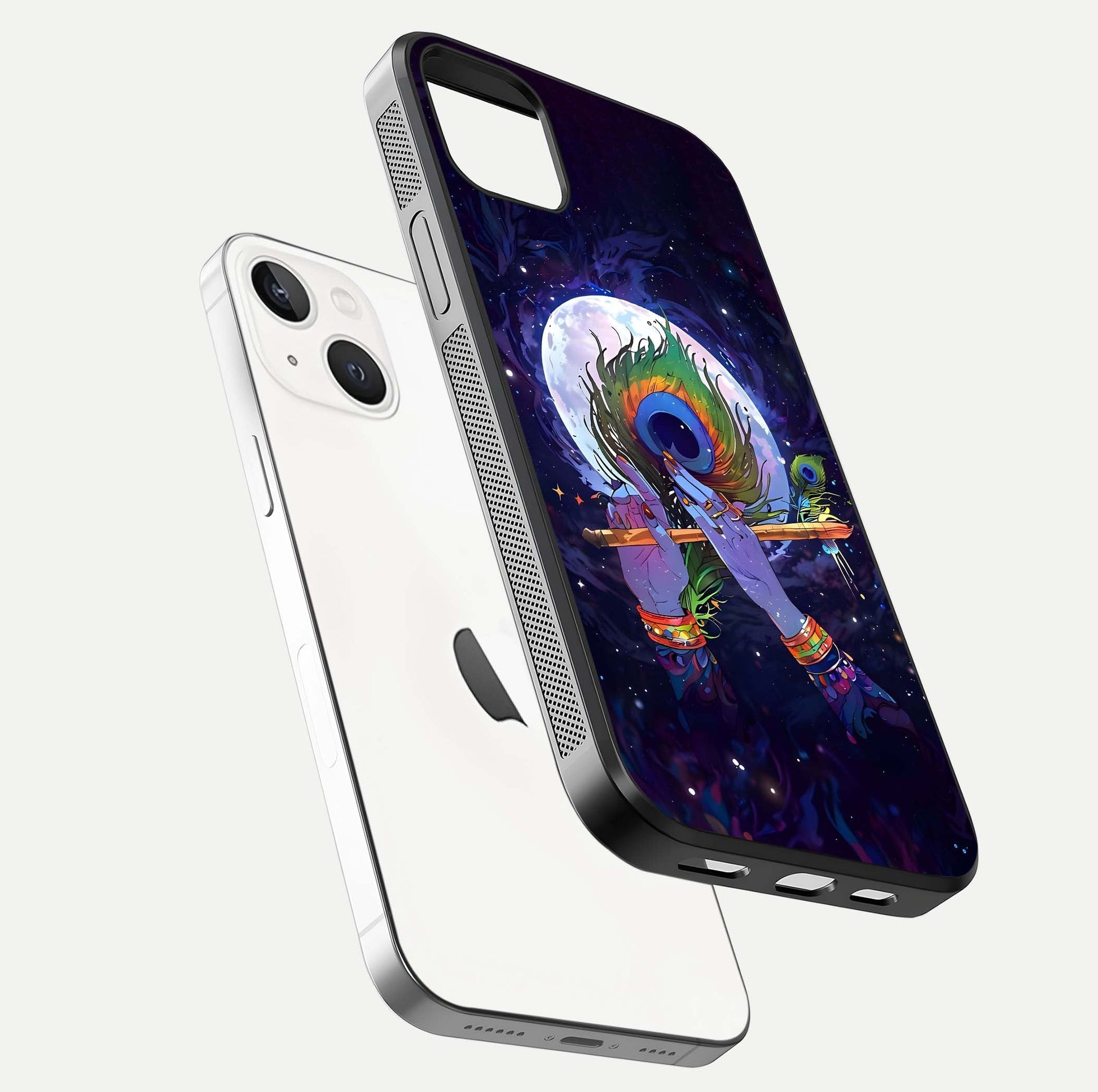 Krishna Hands Art Glass Case for iPhone 14 Plus floating dual-view mockup showing premium gloss reflection