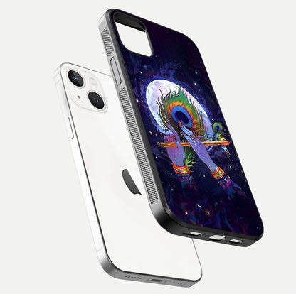 Krishna Hands Art Glass Case for iPhone 14 Plus floating dual-view mockup showing premium gloss reflection