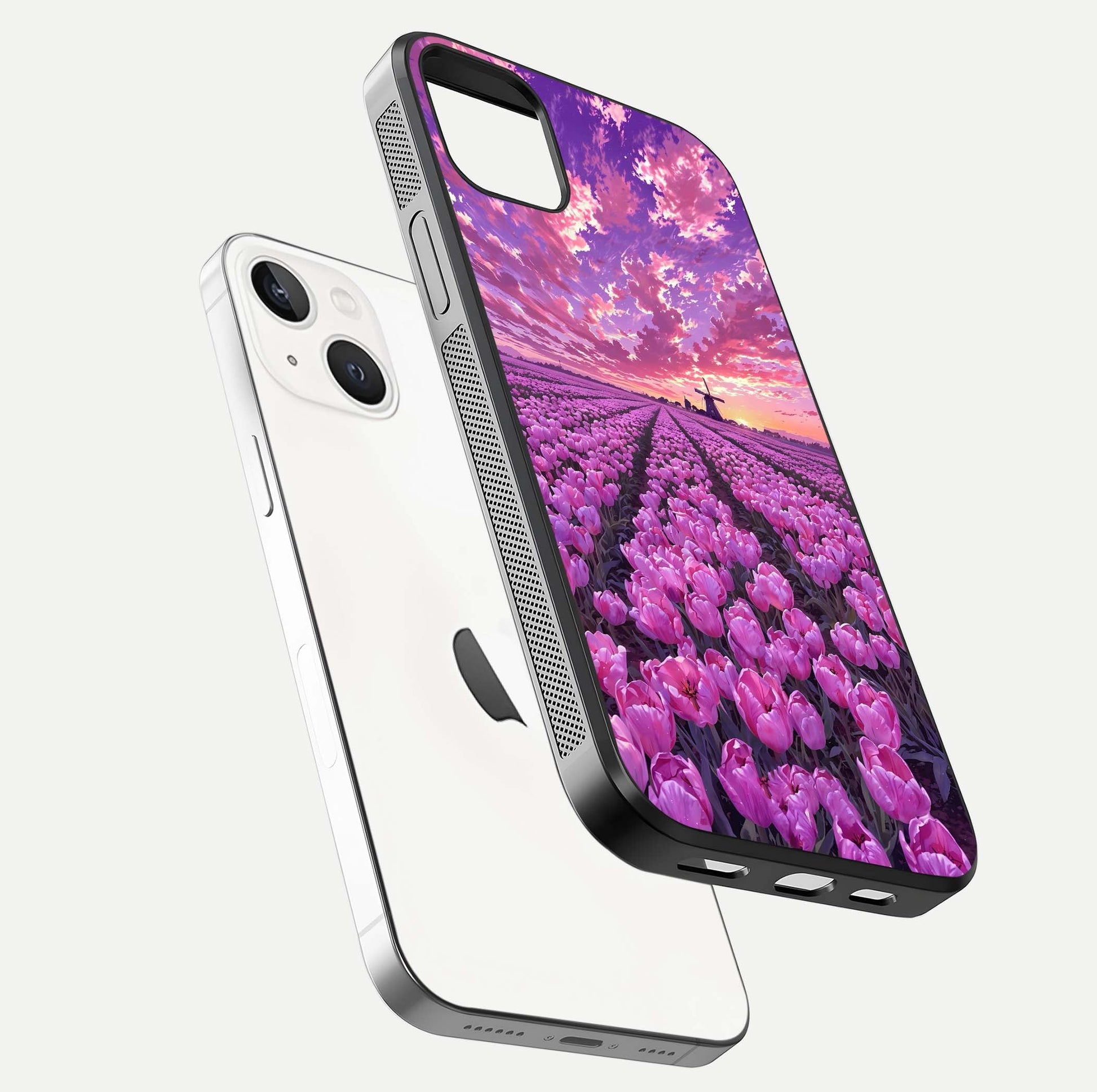 Lavender Dream Skies Glass Case for iPhone 14 Plus floating dual-view mockup showing gloss polish and pastel design
