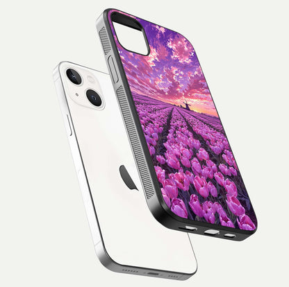 Lavender Dream Skies Glass Case for iPhone 14 Plus floating dual-view mockup showing gloss polish and pastel design