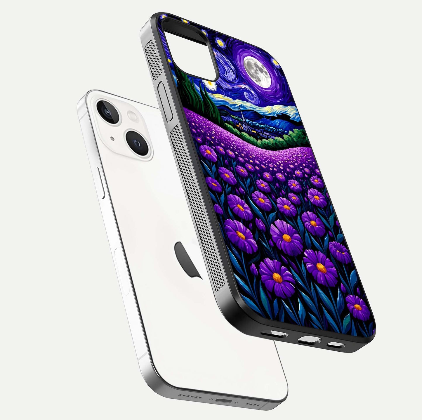 Lavender Moon Field Glass Case for iPhone 14 Plus floating dual-view mockup showing gloss surface and floral glow