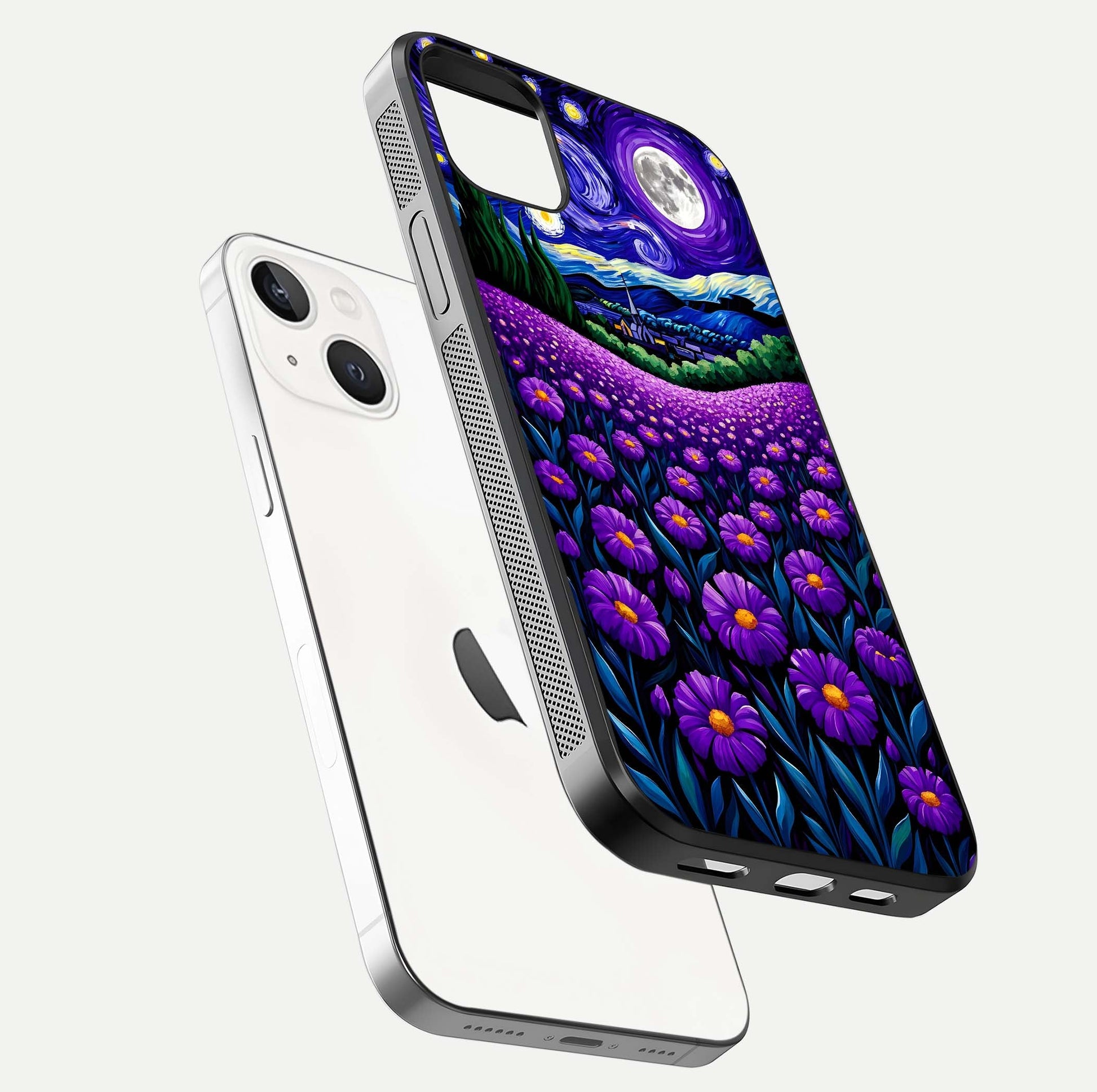 Lavender Moon Field Glass Case for iPhone 14 Plus floating dual-view mockup showing gloss surface and floral glow