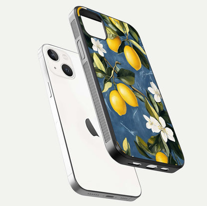 Lemon Dream Garden Glass Case for iPhone 14 Plus floating dual-view mockup showing gloss brightness and vivid yellow print