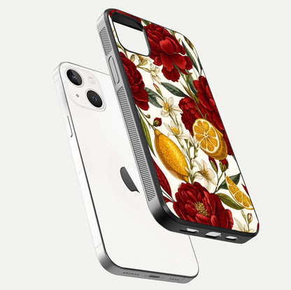 Lemon Rose Charm Glass Case for iPhone 14 Plus floating dual-view mockup showing gloss polish and floral gradient