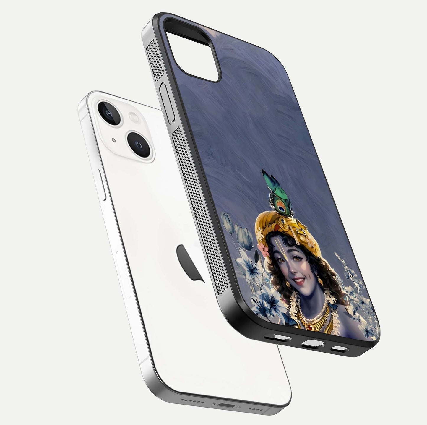 Lord Krishna Glass Case for iPhone 14 Plus floating dual-view showing glossy shine and divine artistic pattern