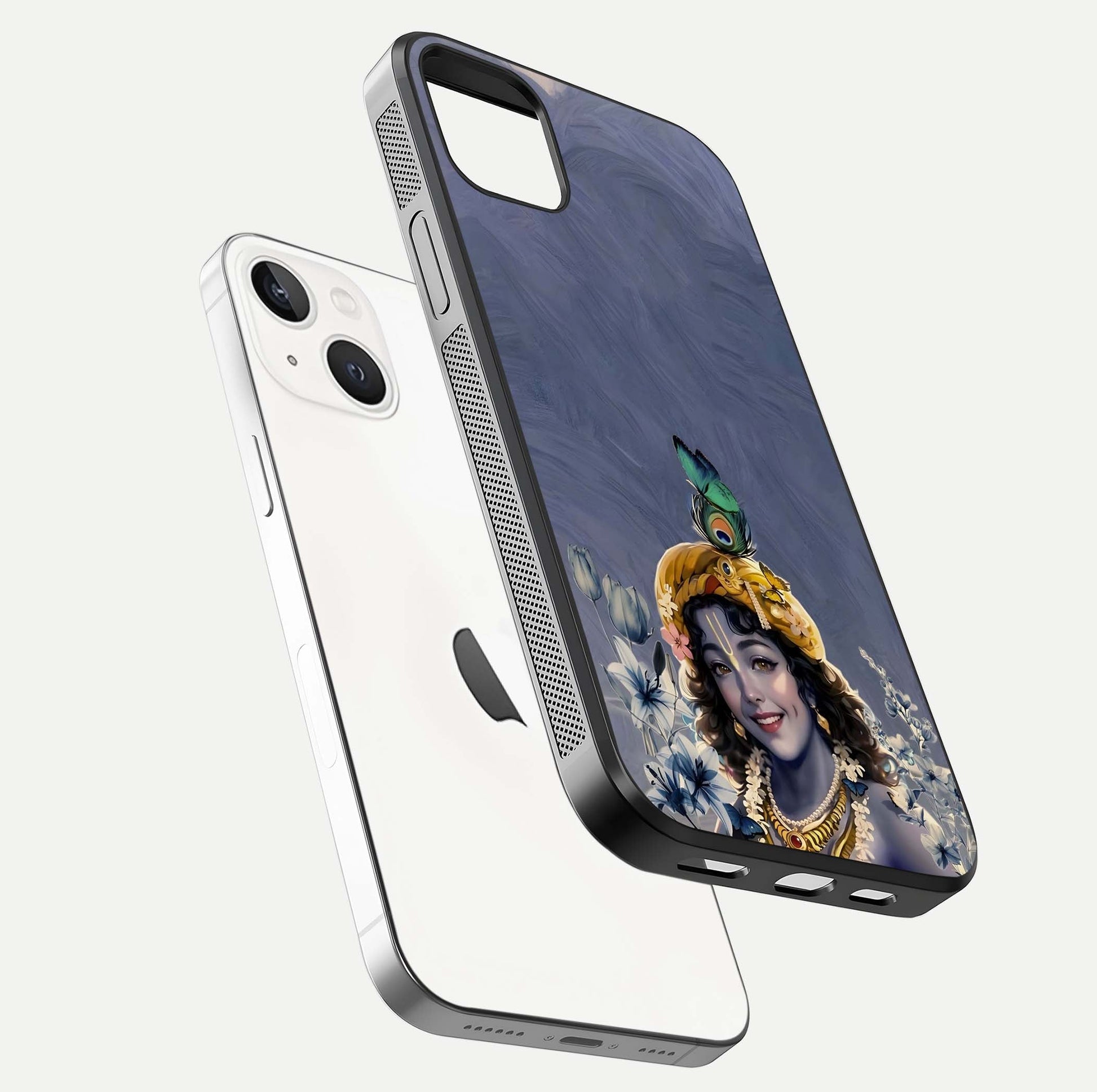 Lord Krishna Glass Case for iPhone 14 Plus floating dual-view showing glossy shine and divine artistic pattern