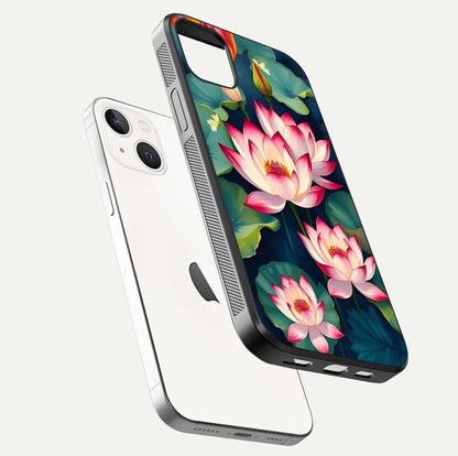 Lotus Dream Serenity Glass Case for iPhone 14 Plus floating dual-view mockup highlighting HD gloss glow