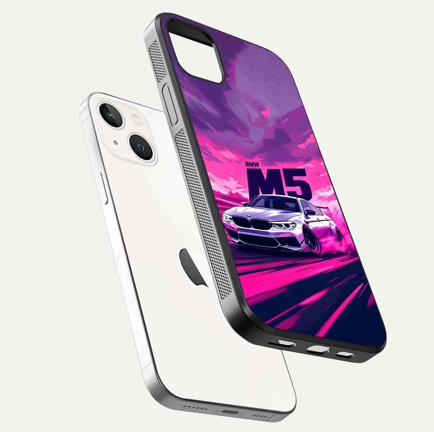 MS Neon Car Glass Case for iPhone 14 Plus floating dual-view mockup showing HD gloss and electric color tones