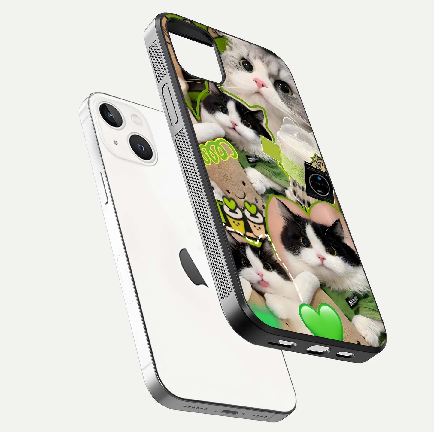 Matcha Cats Mood Glass Case for iPhone 14 Plus floating dual-view mockup showing HD gloss surface and soft tones