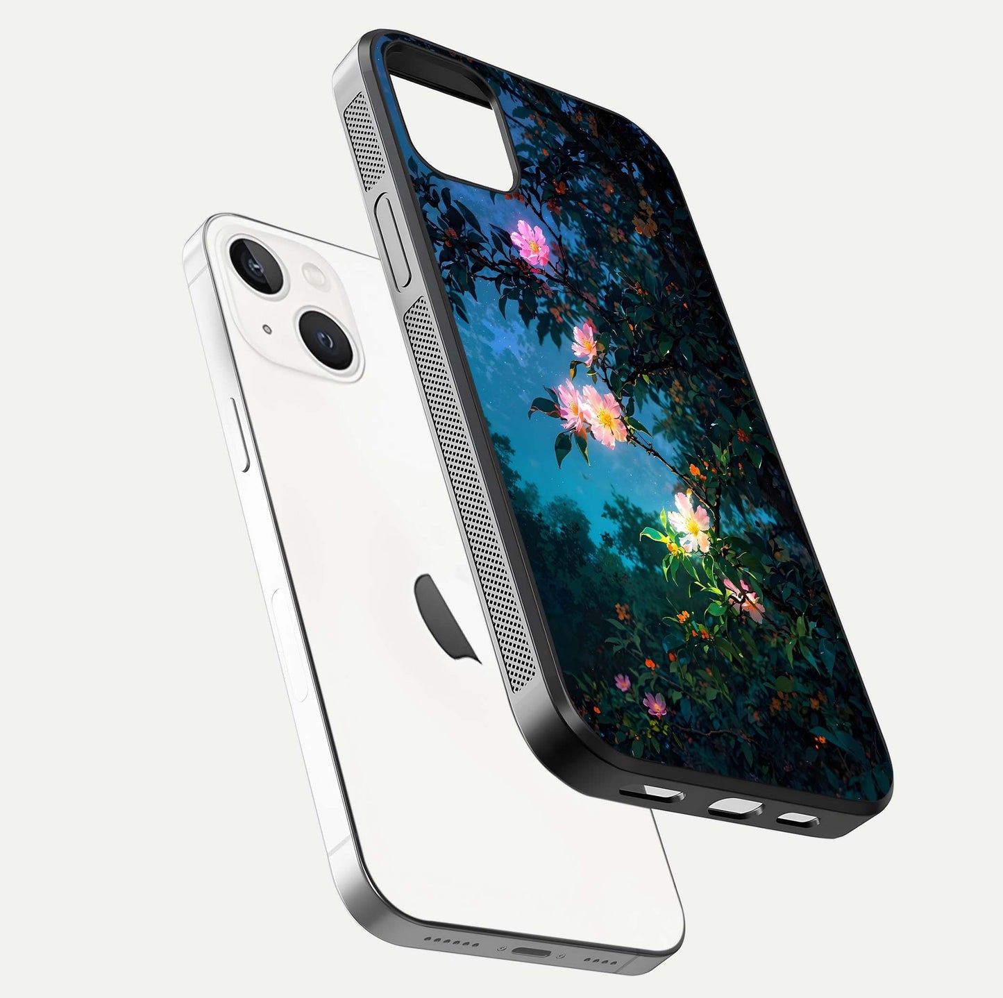 Midnight Bloom Glow Glass Case for iPhone 14 Plus floating dual-view mockup showing HD gloss and floral contrast