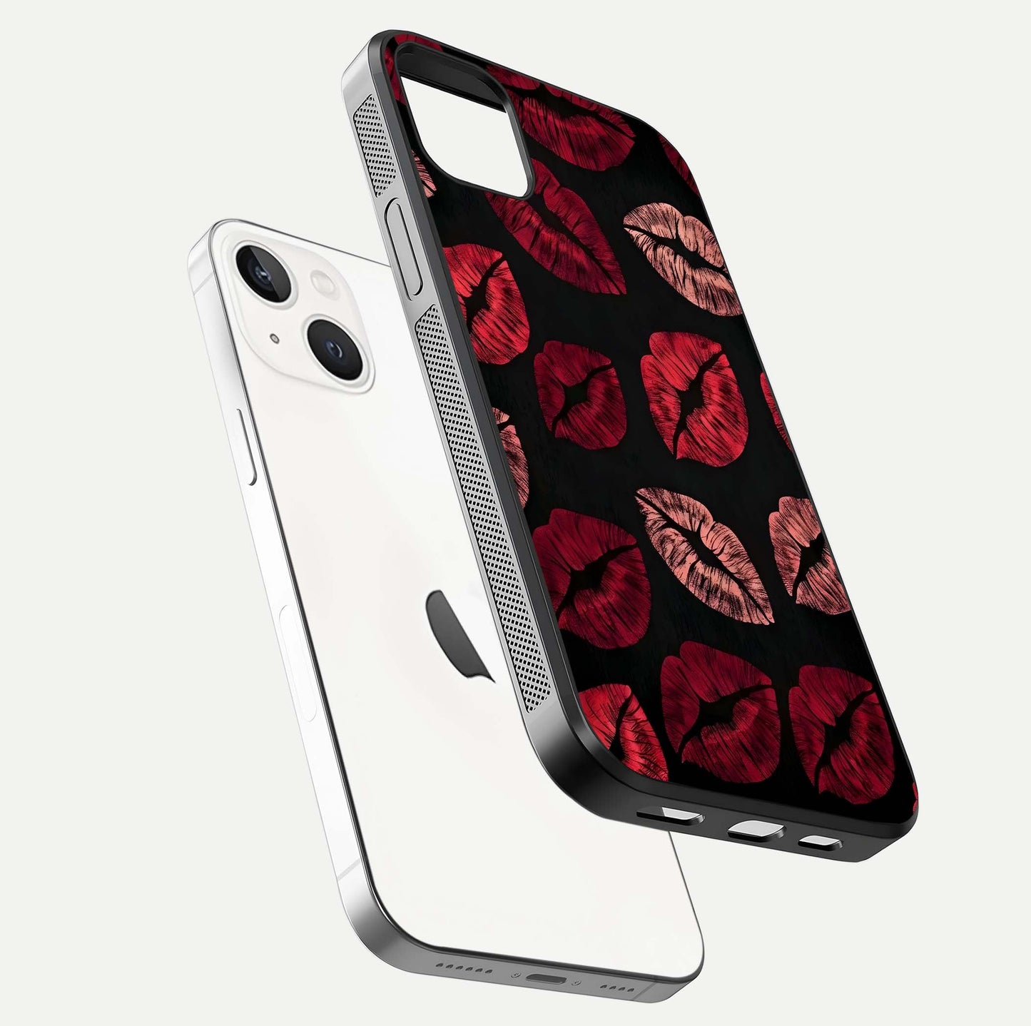 Midnight Kiss Love Glass Case for iPhone 14 Plus floating dual-view mockup showing HD gloss and elegant edge design