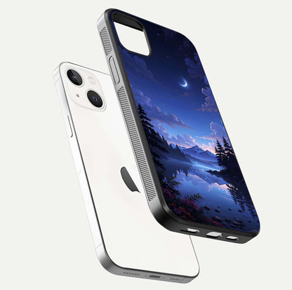Midnight Lake Peace Glass Case for iPhone 14 Plus floating dual-view mockup showing gloss finish and peaceful art