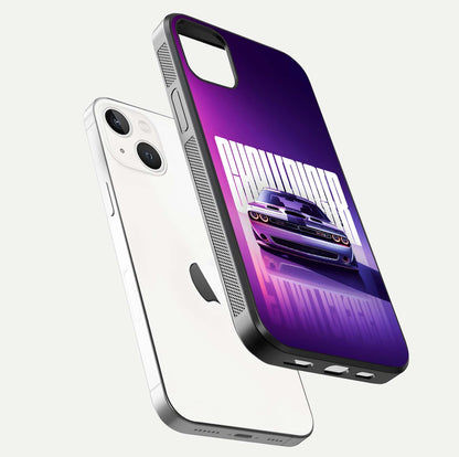 Midnight Muscle Ride Glass Case for iPhone 14 Plus floating dual-view mockup showing glossy finish and shine depth