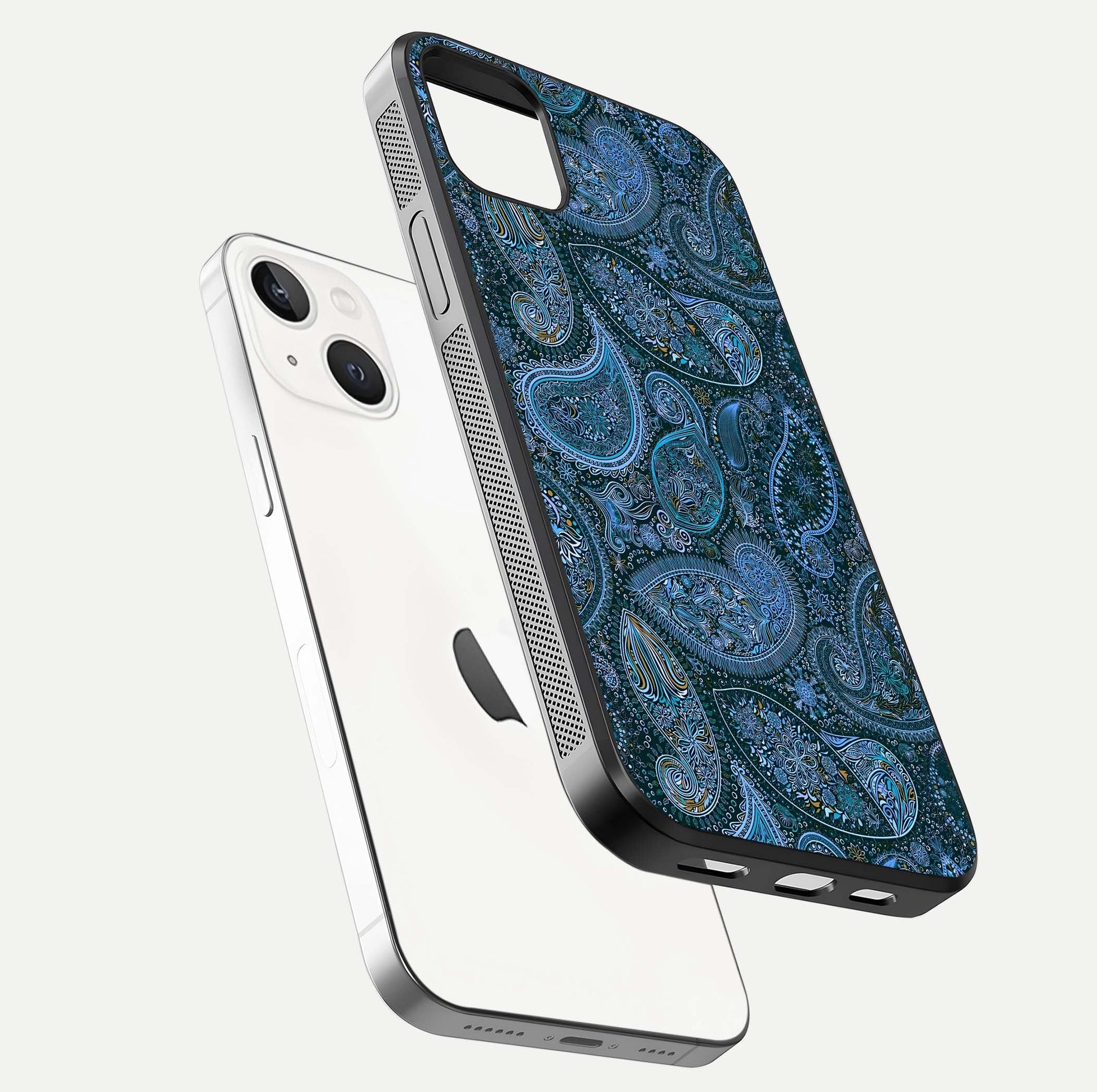 Midnight Paisley Glow Glass Case for iPhone 14 Plus floating dual-view mockup showing HD gloss and rich pattern