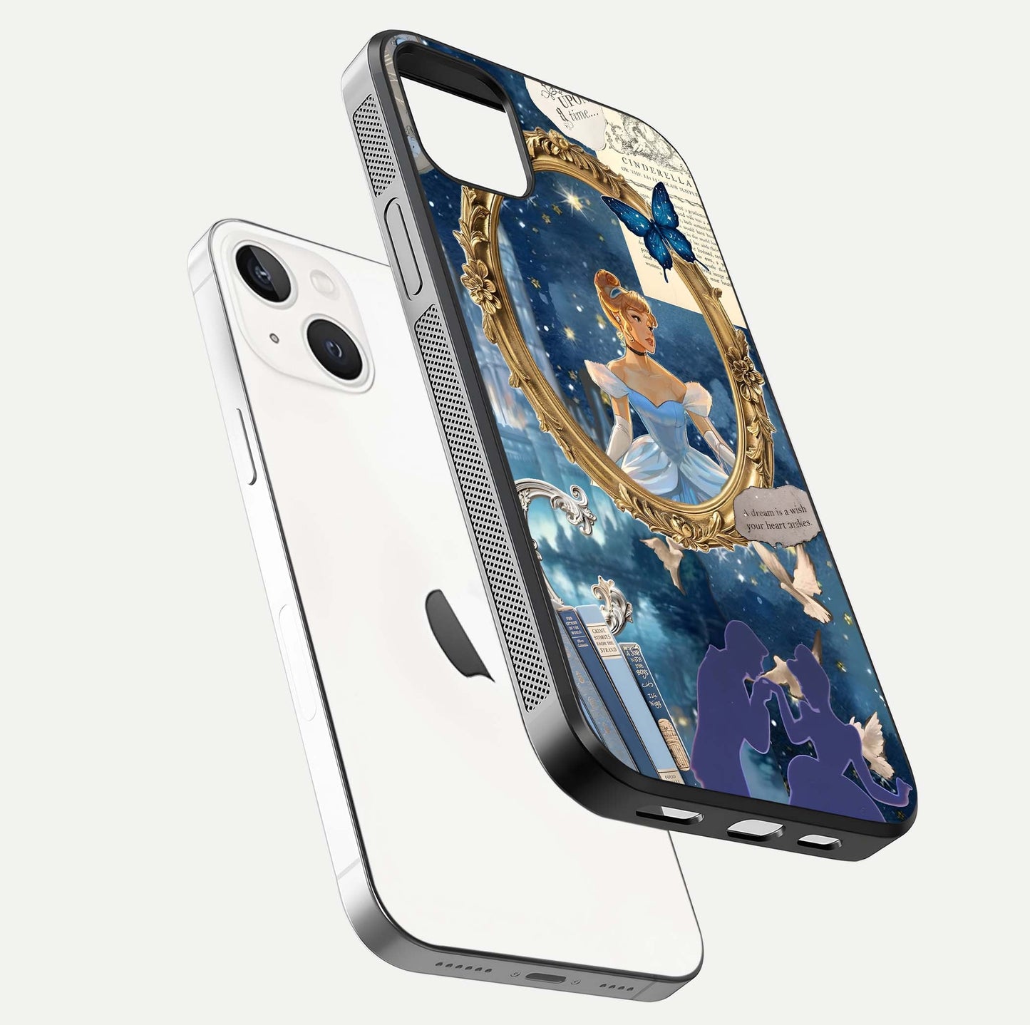Midnight Queen Glass Case for iPhone 14 Plus floating dual-view mockup showing HD glass shine and luxury art