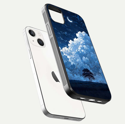 Midnight Sky Serenity Glass Case for iPhone 14 Plus floating dual-view mockup showing HD gloss and night shine