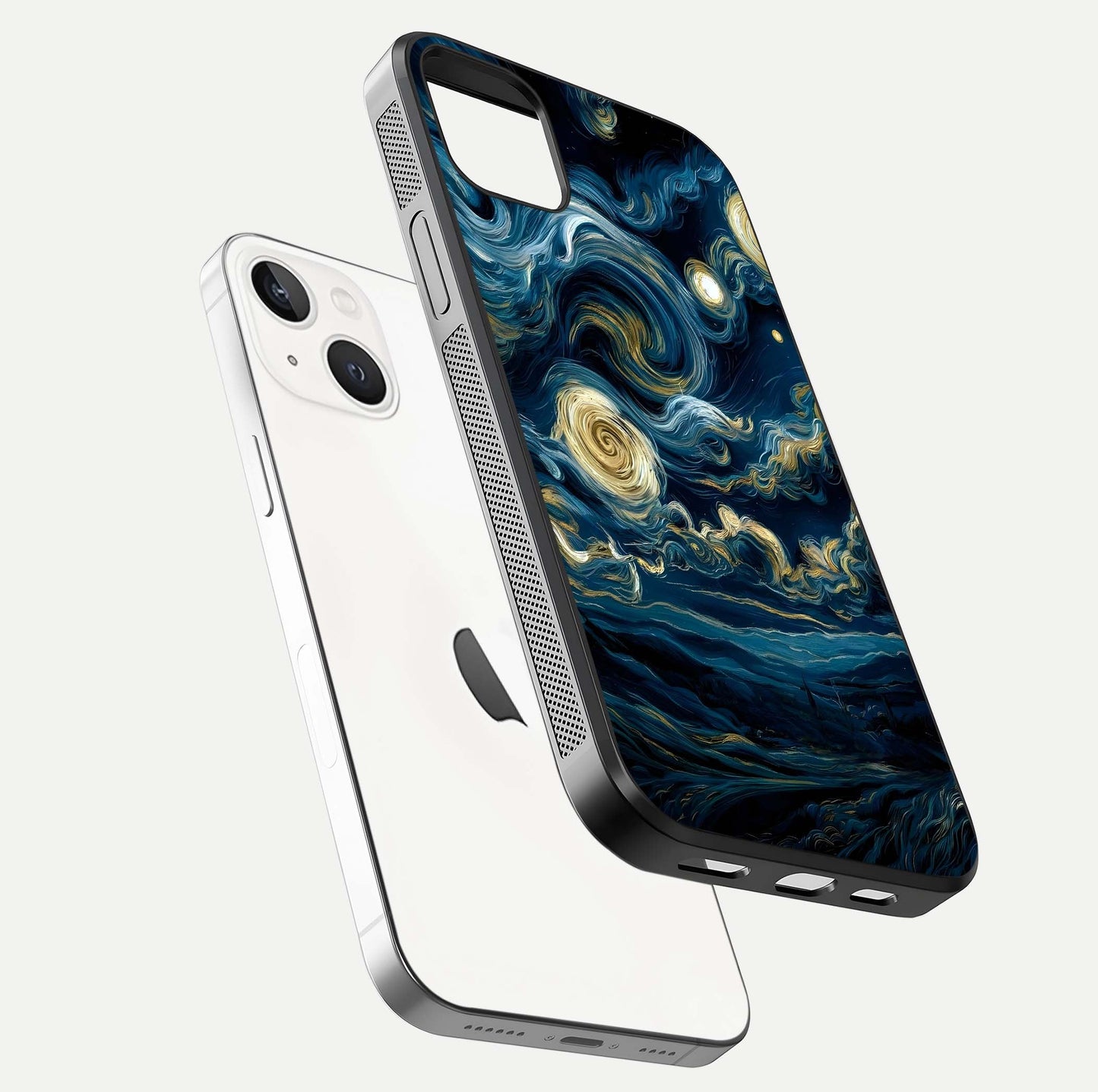 Midnight Sky Whirl Glass Case for iPhone 14 Plus floating dual-view mockup showing gloss texture and shine