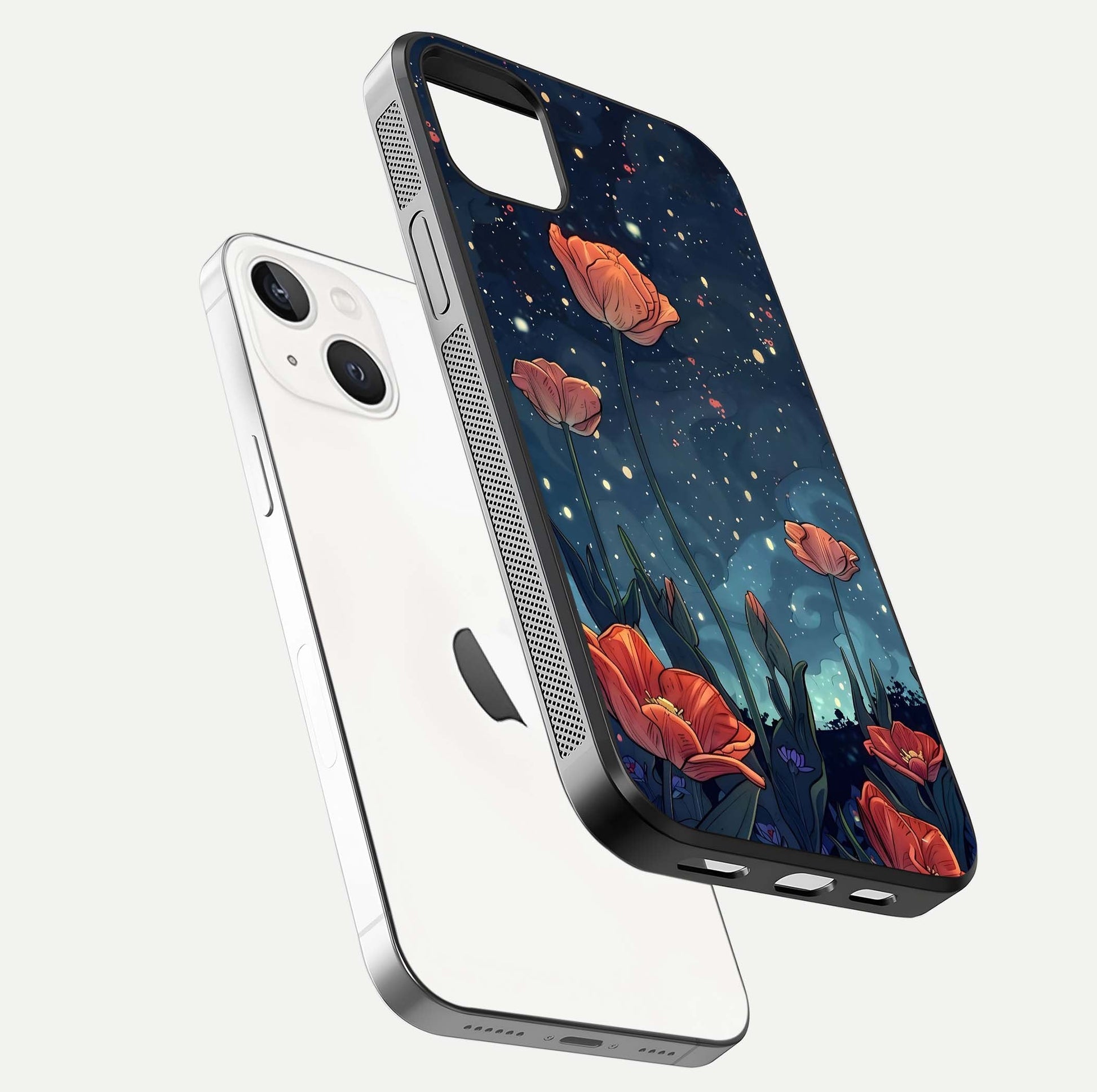 Midnight Tulip Glow Glass Case for iPhone 14 Plus floating dual-view mockup showing HD gloss and tulip tone