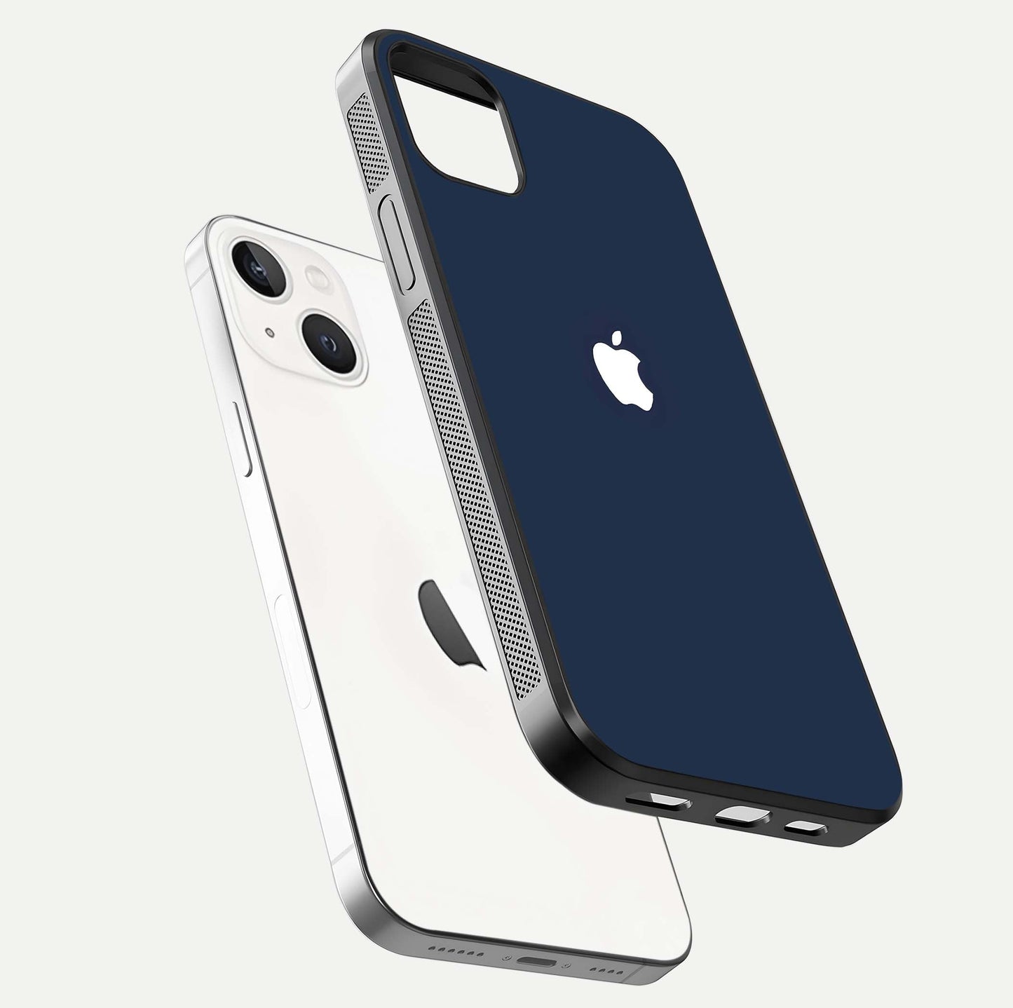 Minimal Apple Night Glass Case for iPhone 14 Plus floating dual-view mockup showing HD shine and minimal style