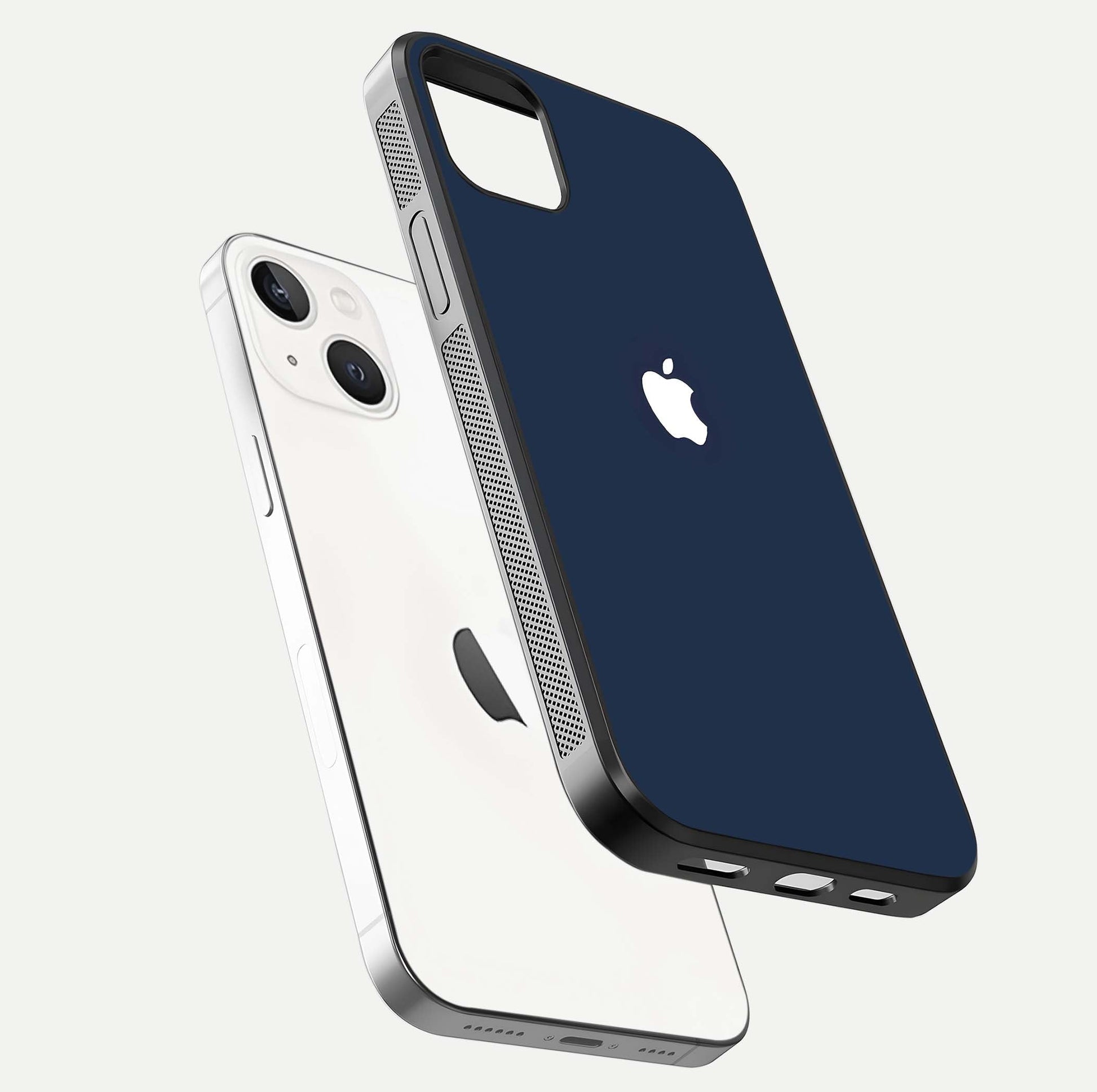 Minimal Apple Night Glass Case for iPhone 14 Plus floating dual-view mockup showing HD shine and minimal style