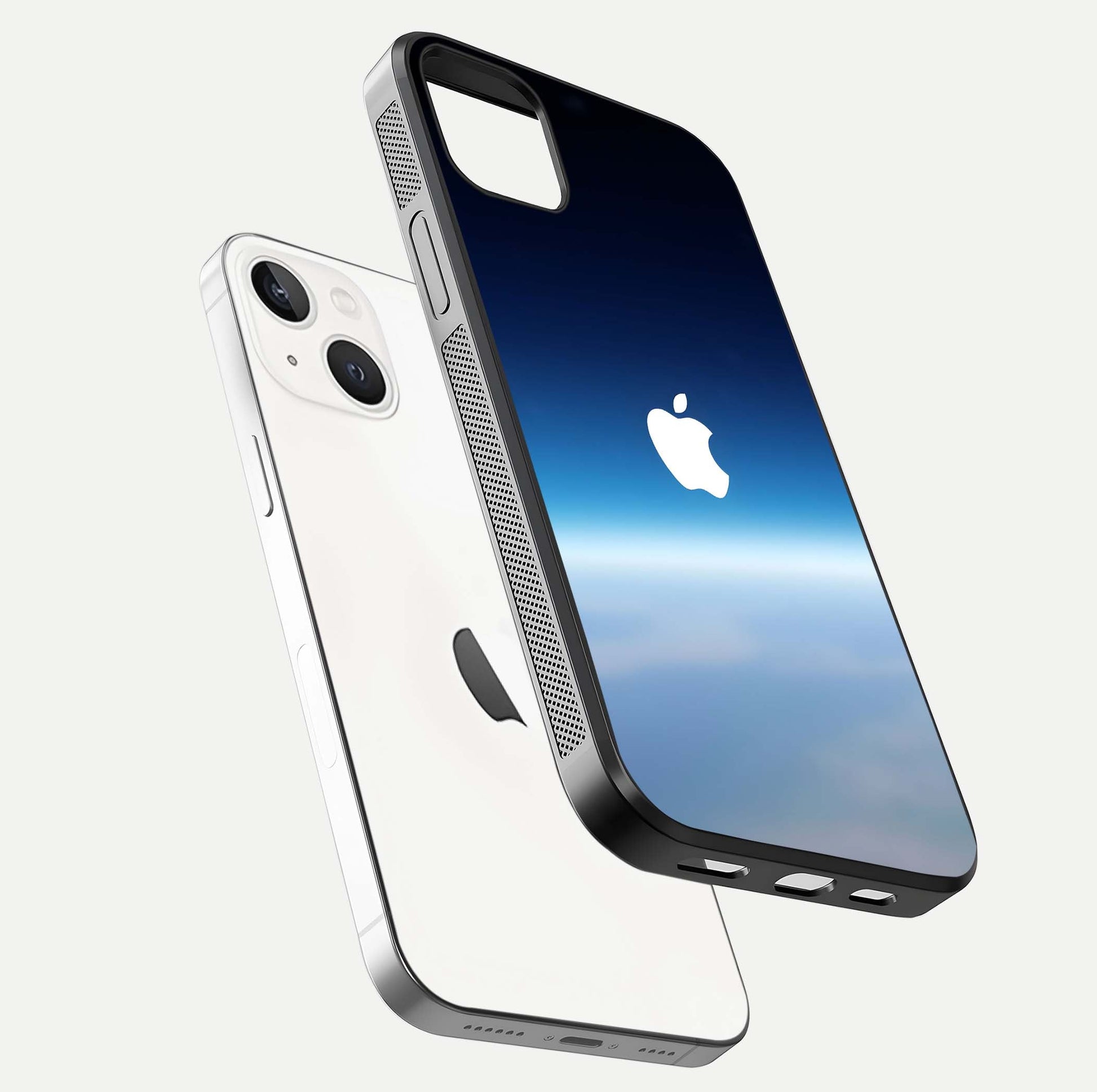 Minimal Apple Sky Glass Case for iPhone 14 Plus floating dual-view mockup showing HD gloss and Apple design