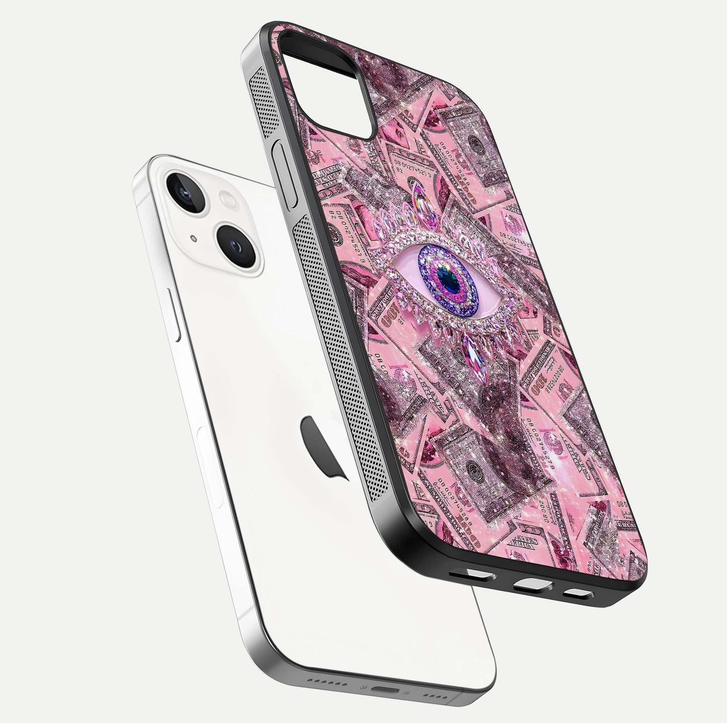 Money Eye Luxe Glass Case for iPhone 14 Plus floating dual-view mockup showing gloss surface and premium look