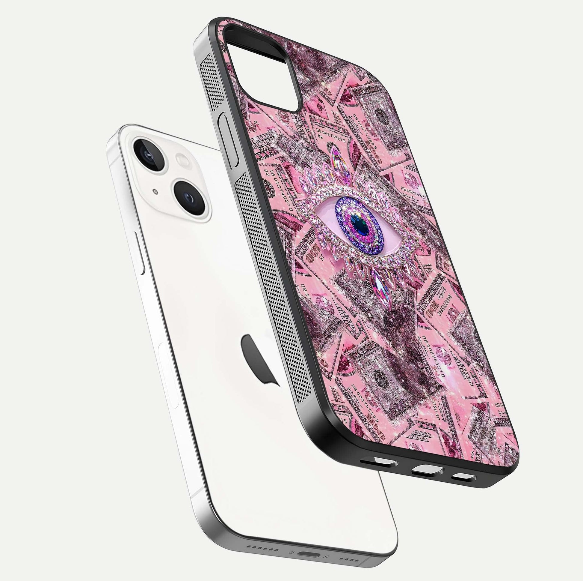 Money Eye Luxe Glass Case for iPhone 14 Plus floating dual-view mockup showing gloss surface and premium look