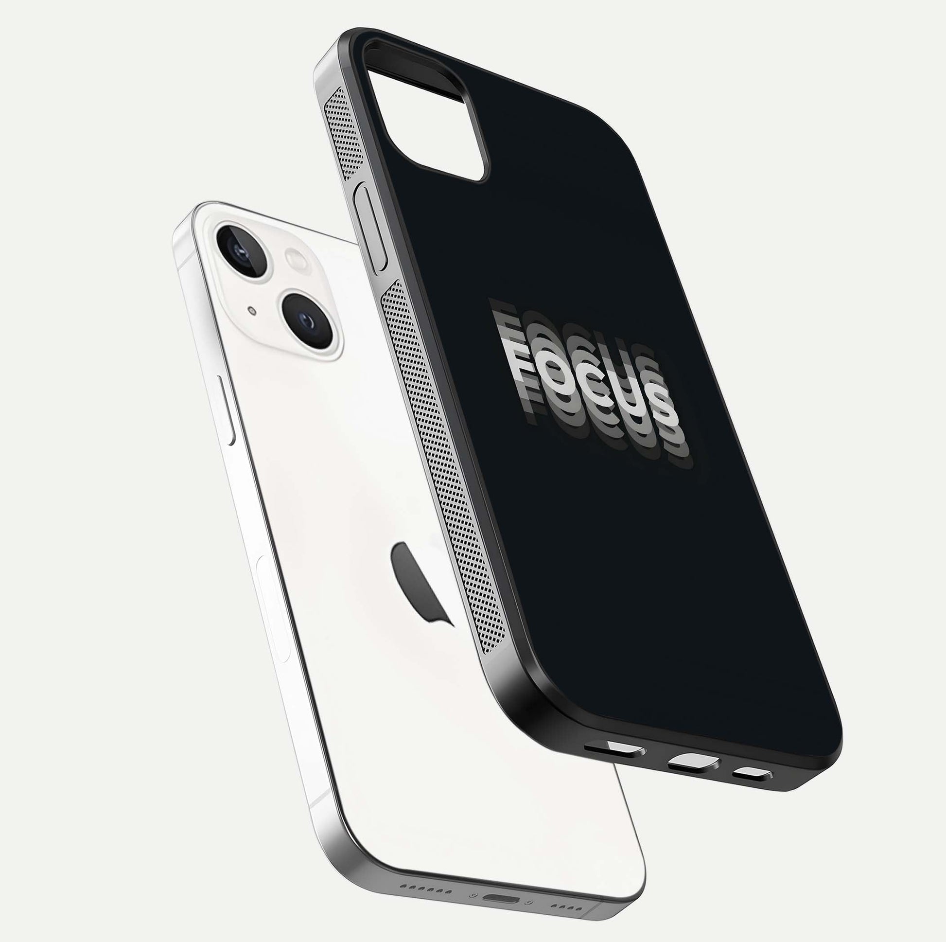 Mono Focus Vision Glass Case for iPhone 14 Plus floating dual-view mockup showing HD gloss and elegant simplicity