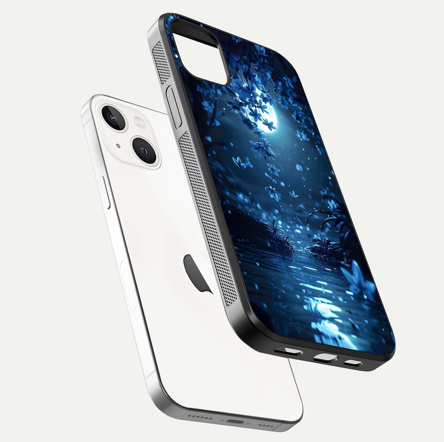 Moonlight Petal Dream Glass Case for iPhone 14 Plus floating dual-view mockup showing HD gloss and dreamy art