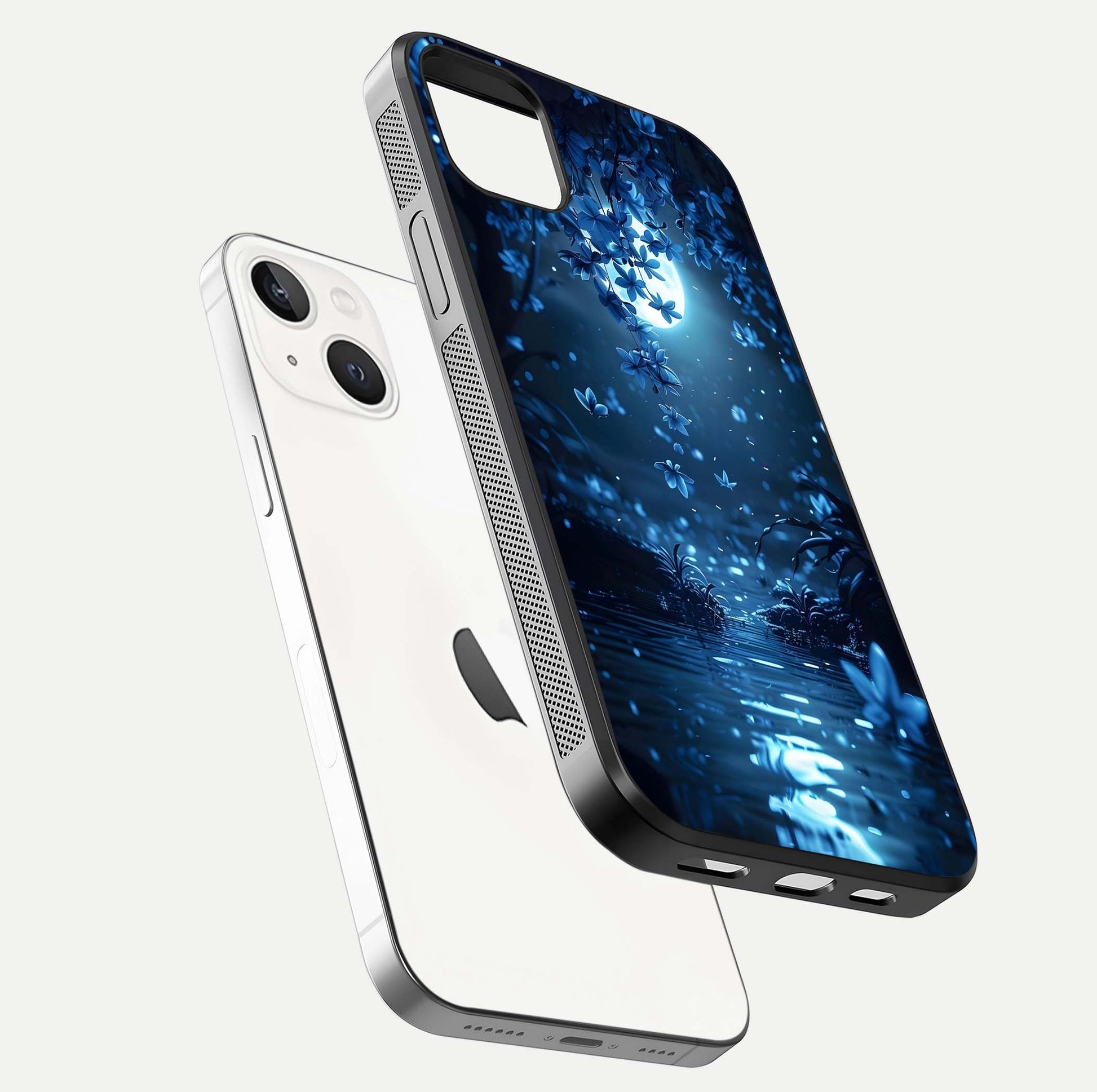 Moonlight Petal Dream Glass Case for iPhone 14 Plus floating dual-view mockup showing HD gloss and dreamy art