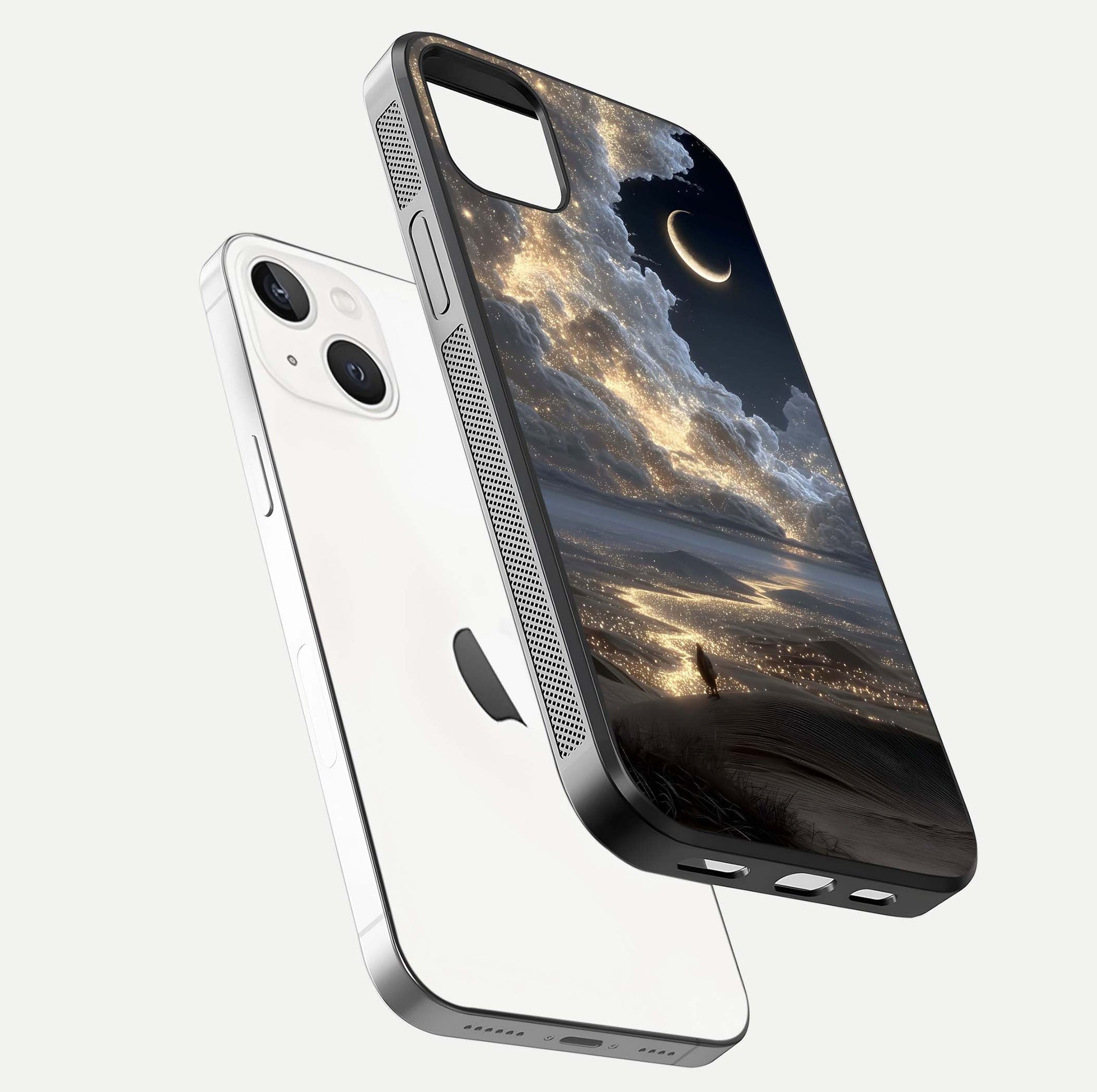 Moonlight Spark Path Glass Case for iPhone 14 Plus floating dual-view mockup showing gloss finish and shine depth