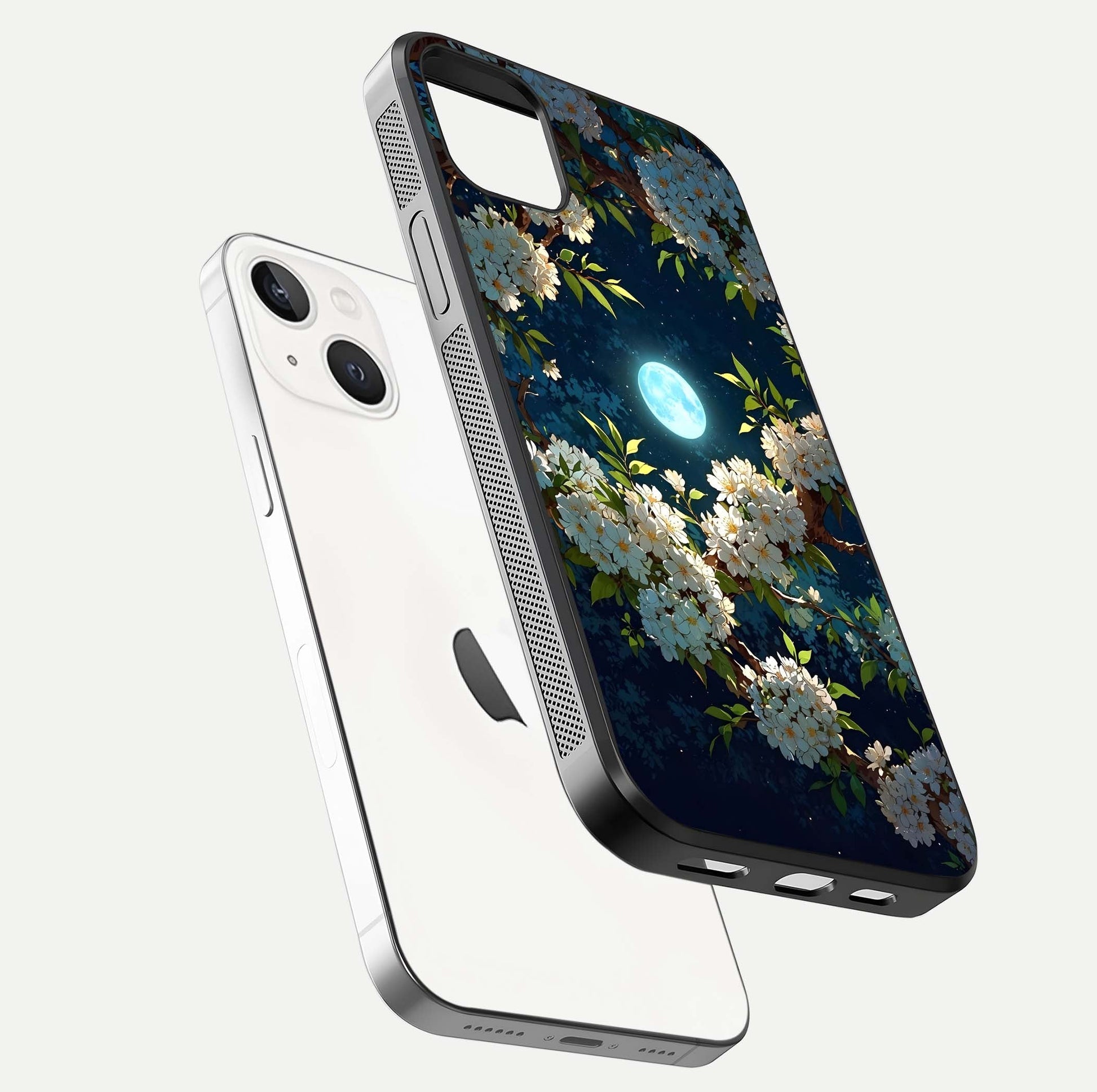 Moonlit Blossom Dream Glass Case for iPhone 14 Plus floating dual-view mockup showing gloss texture and floral tone