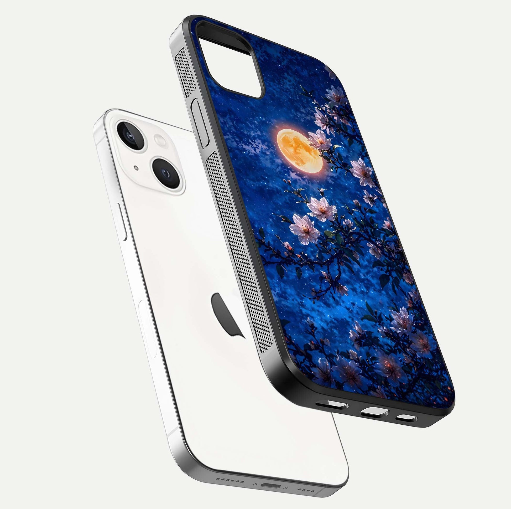 Moonlit Blossoms Night Glass Case for iPhone 14 Plus floating dual-view mockup showing HD gloss and floral contrast