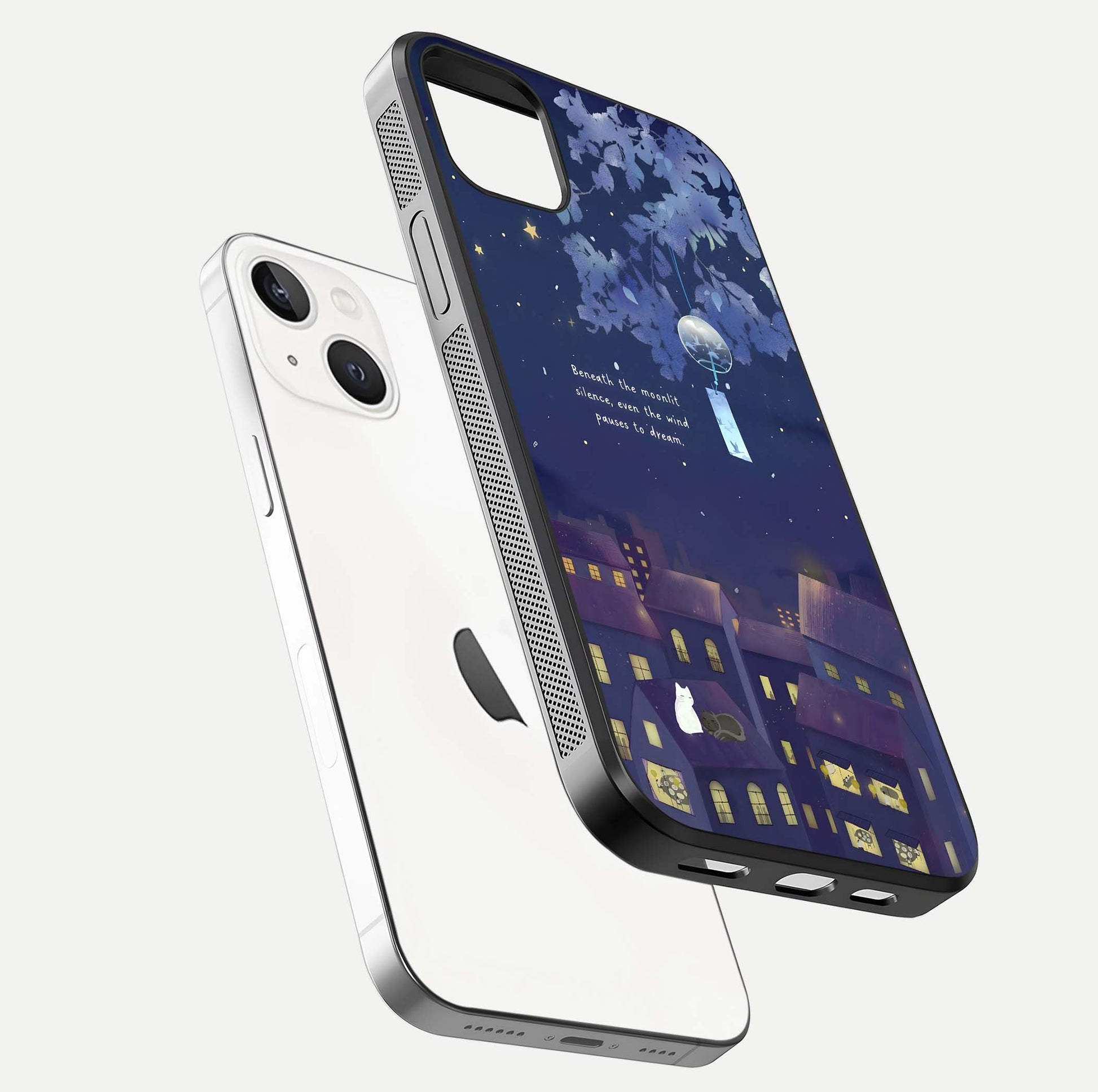 Moonlit Cat Silence Glass Case for iPhone 14 Plus floating dual-view mockup showing gloss reflection and moon art