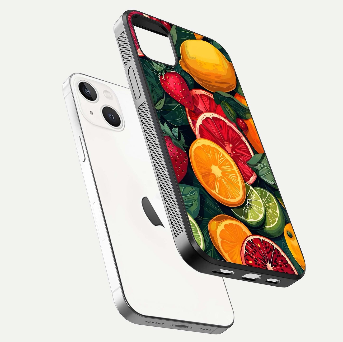 Multiple Fruits Glass Case for iPhone 14 Plus floating dual-view mockup showing reflection depth and freshness