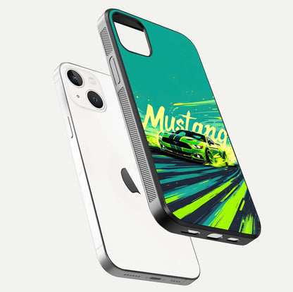 Mustang Bang Glass Case for iPhone 14 Plus floating dual-view mockup showing gloss depth and power design
