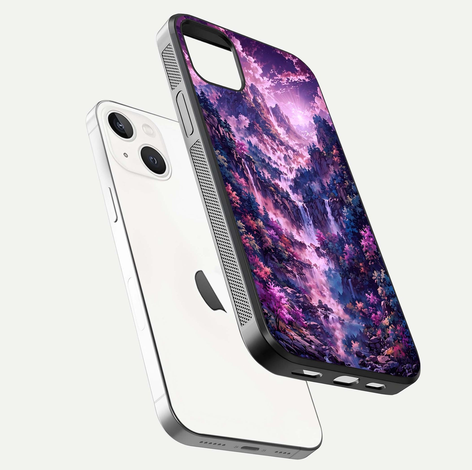 Mystic Cascade Peaks Glass Case for iPhone 14 Plus floating dual-view mockup showing gloss texture and depth