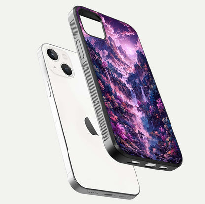 Mystic Cascade Peaks Glass Case for iPhone 14 Plus floating dual-view mockup showing gloss texture and depth