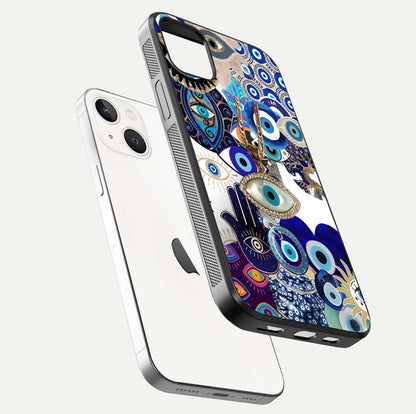 Mystic Charm Eye Glass Case for iPhone 14 Plus floating dual-view mockup showing gloss glow and charm symbol