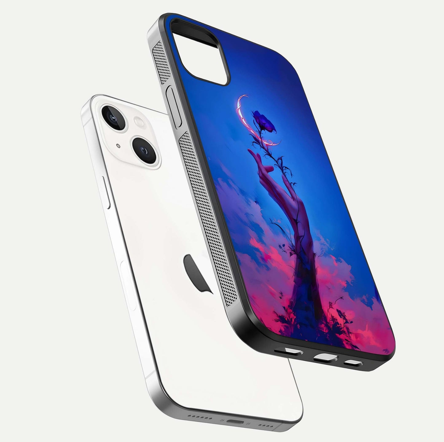 Mystic Hand Glass Case for iPhone 14 Plus floating dual-view mockup showing HD shine and fine palm detail