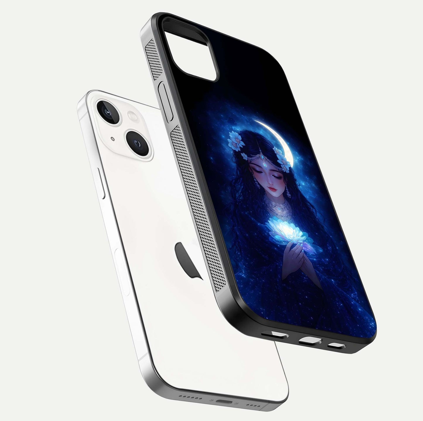 Mystic Moon Queen Glass Case for iPhone 14 Plus floating dual-view mockup showing HD gloss and cosmic glow