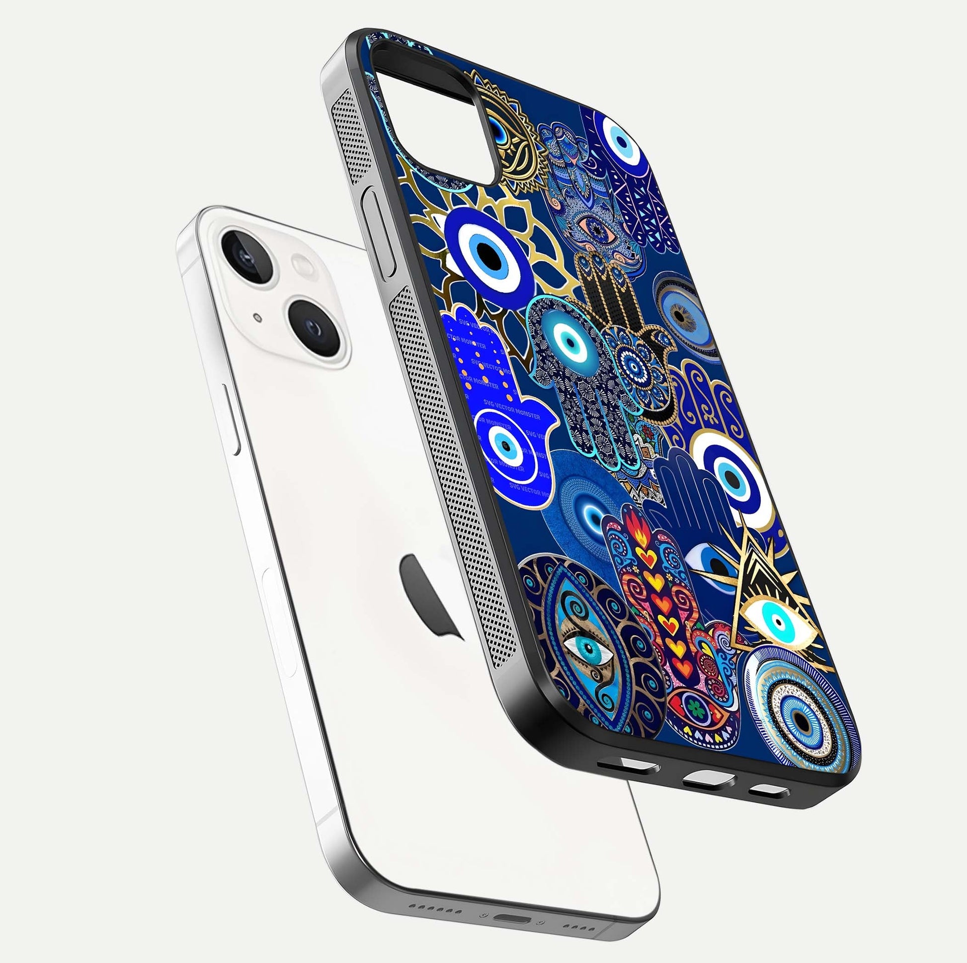 Mystic Palm Guard Glass Case for iPhone 14 Plus floating dual-view mockup showing HD reflection and vivid tone