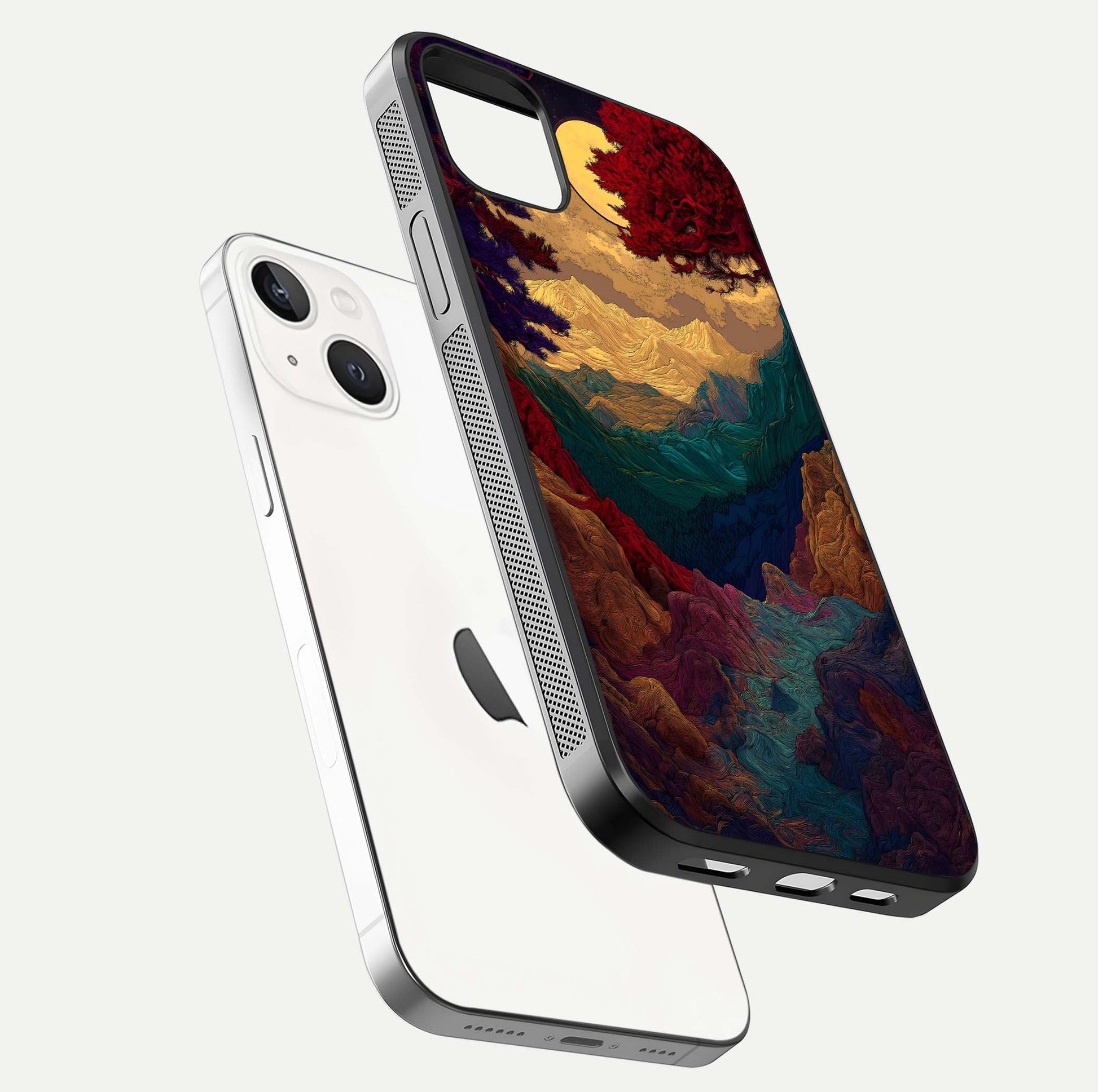 Mystic Valley Light Glass Case for iPhone 14 Plus floating dual-view mockup showing HD gloss and light blend