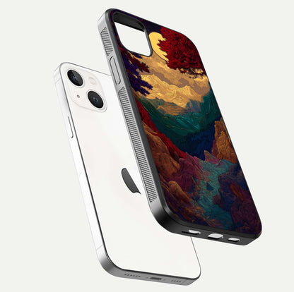 Mystic Valley Light Glass Case for iPhone 14 Plus floating dual-view mockup showing HD gloss and light blend